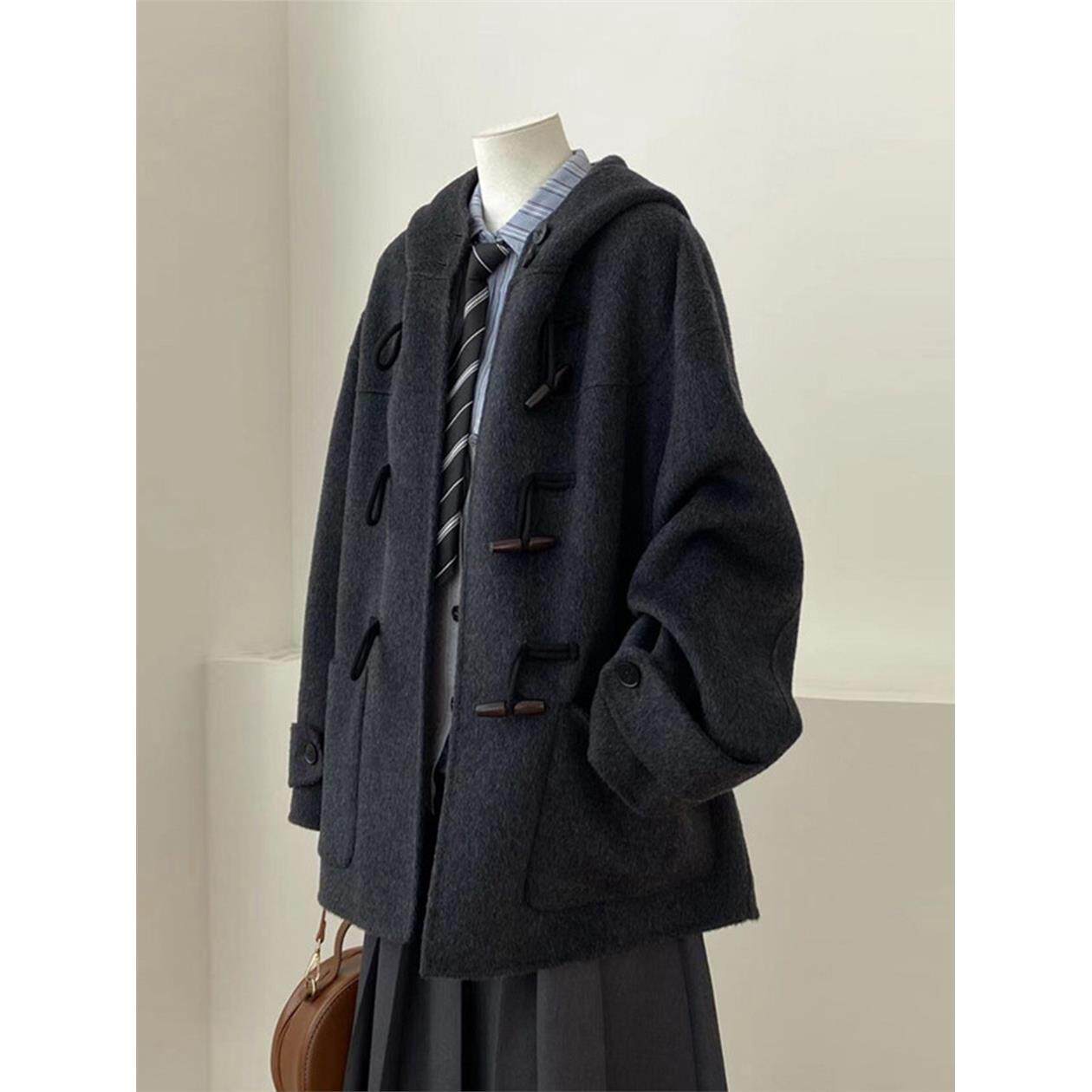 学院风连帽牛角扣呢子大衣女2025新款毛呢外套小个子赫本风高级感