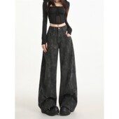 小众设计工装 美国风格 新款 2025年秋季 黑色和灰色印花阔腿牛仔裤