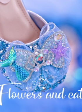 Flowersandcats女童夏季水晶鞋公主鞋舞蹈高跟鞋软底单鞋童鞋艾莎