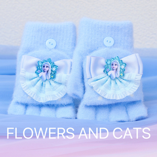 秋冬款艾沙公主手套儿童五指保暖可爱半指翻盖女童厚毛线手套帽子