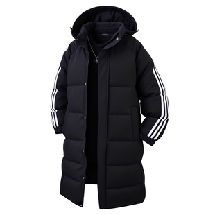 情侣款加厚棉衣脱卸帽经典三条杠防风防水过膝长款户外棉服大衣