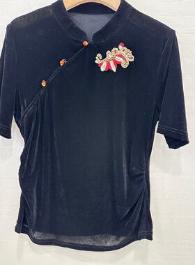 小艺欧货女装2026夏季新款中式重工刺绣盘扣显瘦丝绒短袖T恤A314H