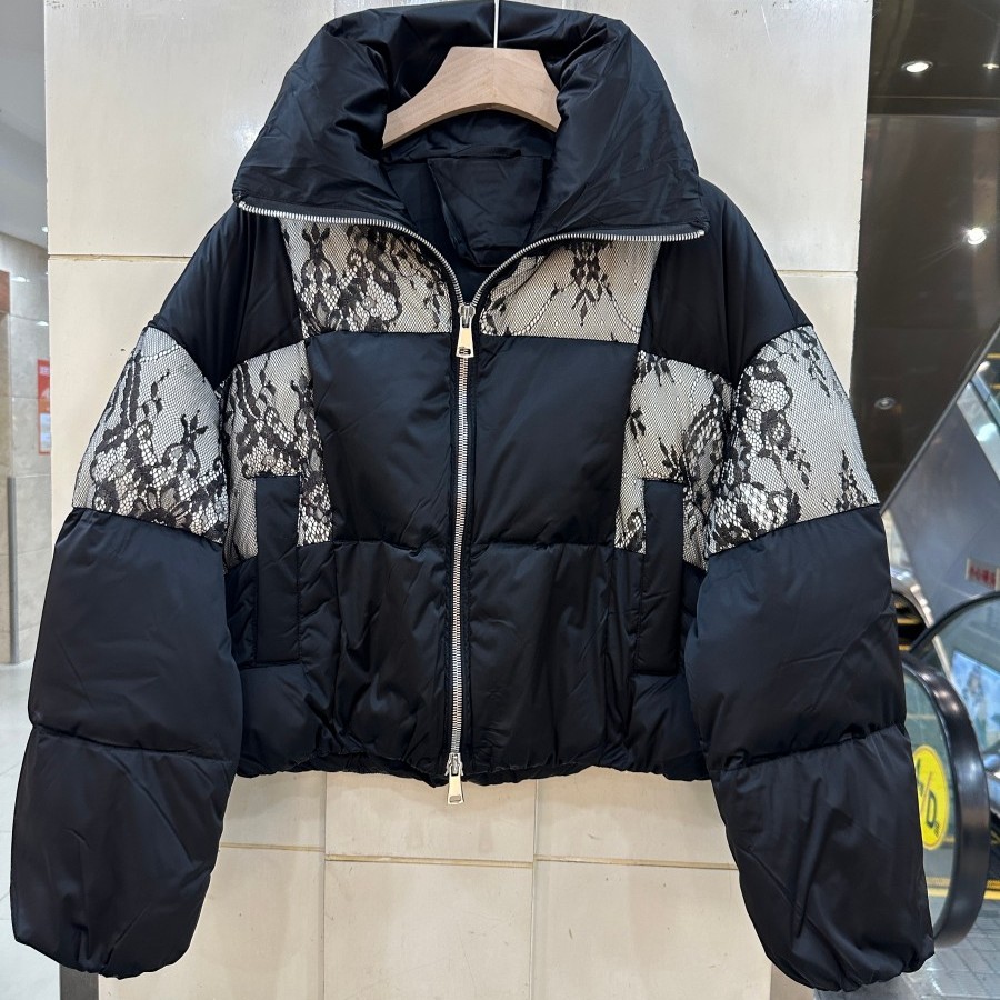 小艺欧货女装2025冬季新款立领长袖拼接蕾丝撞色羽绒服外套2507R