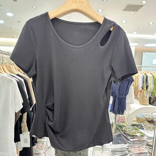 思情依人 6029H 夏季2026新款女装时尚露肩圆领短袖纯色百搭上衣