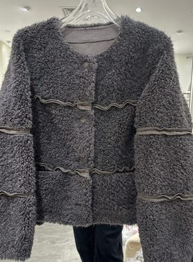小艺欧货女装2025冬季羊羔毛短外套宽松圆领木耳边保暖上衣87130H