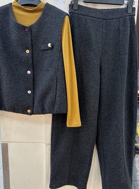 2026春季新款女装时尚圆领无袖马甲+针织上衣+休闲裤三件套27015H