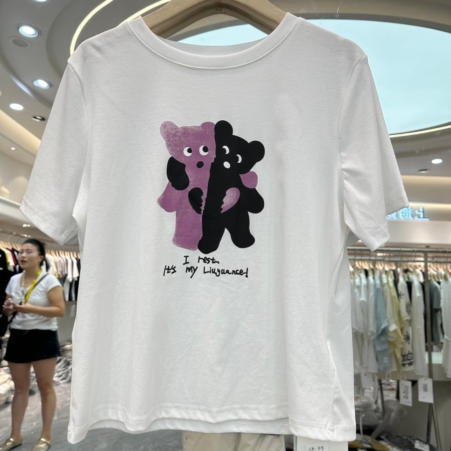 留缘 8584-6 欧货女装2025夏季新款时尚圆领短袖小熊休闲百搭上衣