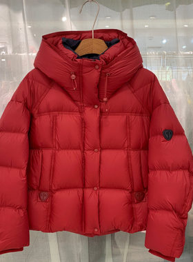 小艺欧货女装2025冬季连帽短款羽绒服红色加厚白鸭绒面包服652H