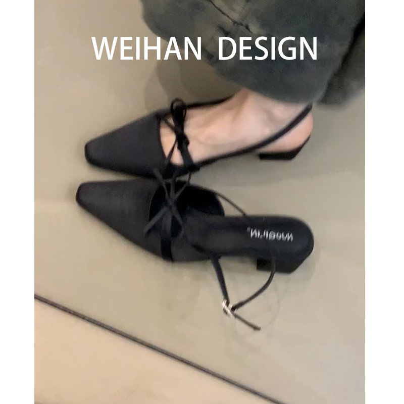 羊皮版！气质缎面蝴蝶结包头凉鞋女尖头粗跟一字带高跟鞋后空单鞋