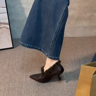 羊皮版~复古风真皮加绒单鞋女法式通勤细跟高跟鞋浅口尖头乐福鞋