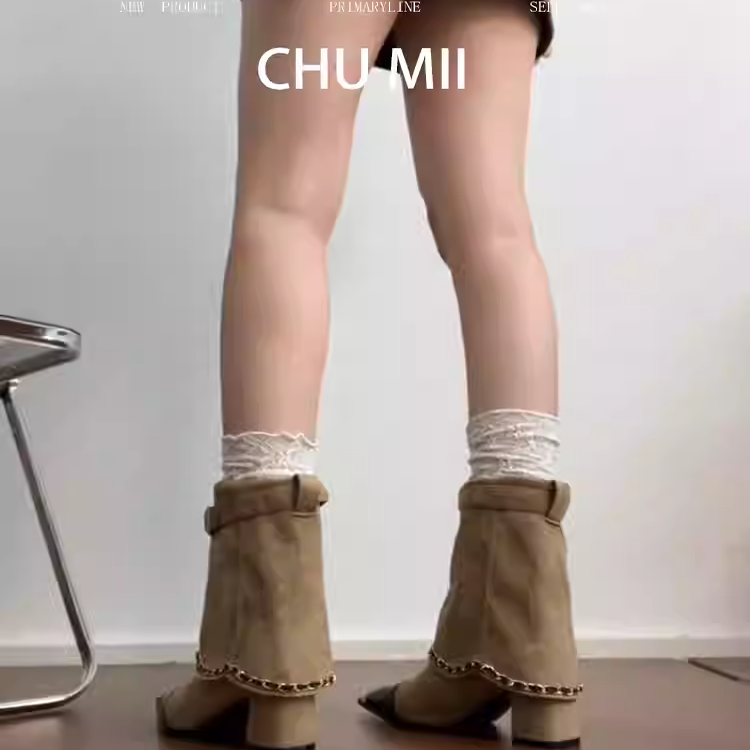 羊皮版~小香风豹纹链条裤管靴女真皮复古高跟短靴法式小众马丁靴