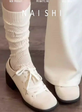 羊皮版！白色英伦风乐福鞋女系带粗跟通勤小皮鞋百搭复古方头单鞋