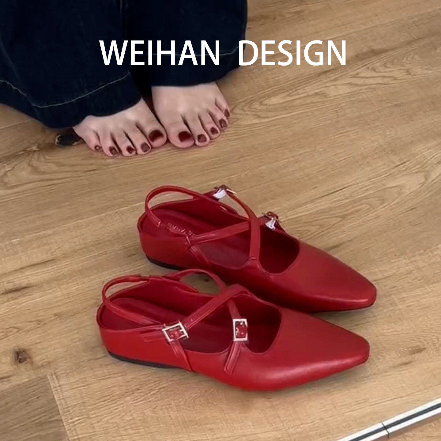 羊皮版！法式气质尖头浅口凉鞋女复古红色搭扣内增高晚晚玛丽珍鞋