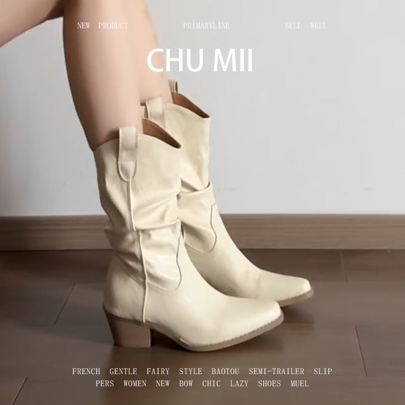 羊皮版~复古褶皱尖头中筒靴女v口粗跟西部骑士靴白色高跟堆堆靴