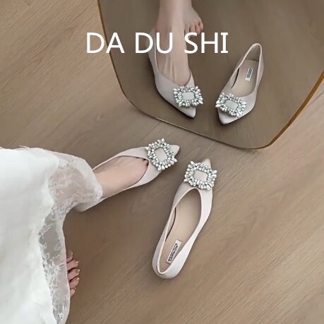 羊皮版！法式温柔水钻尖头瓢鞋女真皮平底单鞋配裙子软底玛丽珍鞋