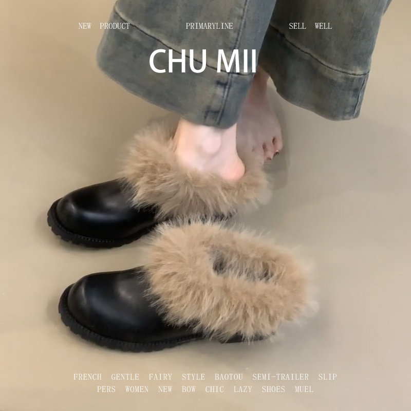 羊皮版~复古水貂毛单鞋女真皮法式粗跟玛丽珍鞋英伦风厚底小皮鞋