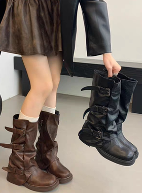 复古小众粗跟裤管靴女2025秋冬新款女靴子皮带扣褶皱堆堆靴骑士靴