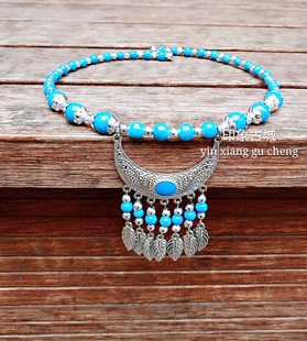 新款凤凰古城民族风复古藏苗银项链 彩珠夸张叶子项圈 女式项链