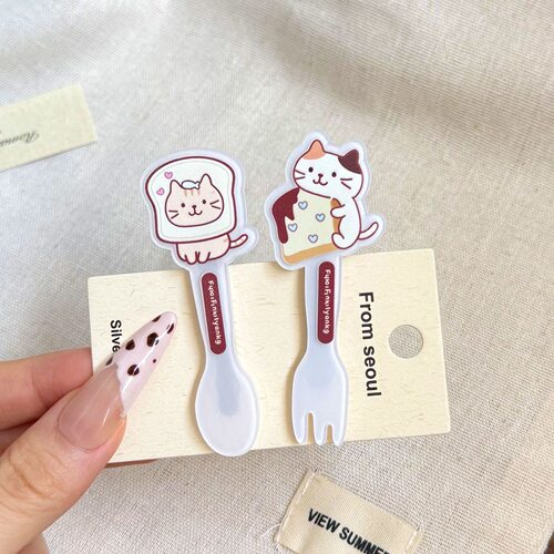可爱咖色猫咪勺子叉子发夹卡通侧边趣味刘海鸭嘴夹日少女发卡发饰