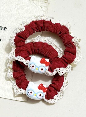 红色格子领结猫咪红色花边小肠发圈甜酷风可爱女孩发绳发饰批发新