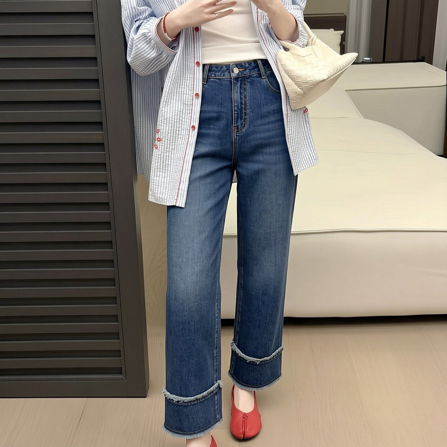 高腰直筒牛仔裤女26早秋新款四面弹显瘦小个子九分窄版卷边休闲裤