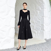 2025秋冬新款 高腰A字伞裙黑色中长百褶裙立体珠饰点缀半身裙女