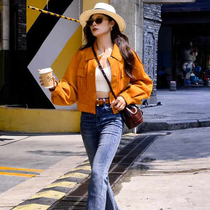 短款外套女小个子2025秋季新款宽松显瘦鹿皮绒灯笼袖夹克美拉德风