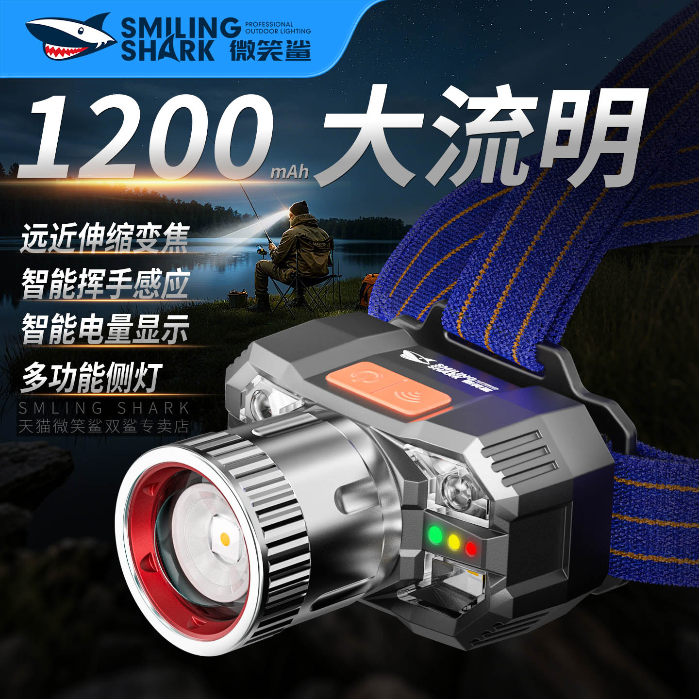 强光超亮夜钓户外长续航感应头灯