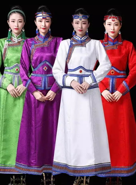 蒙古袍女生活装长款日常服成人蒙古服装白色礼服演出表演舞蹈服女