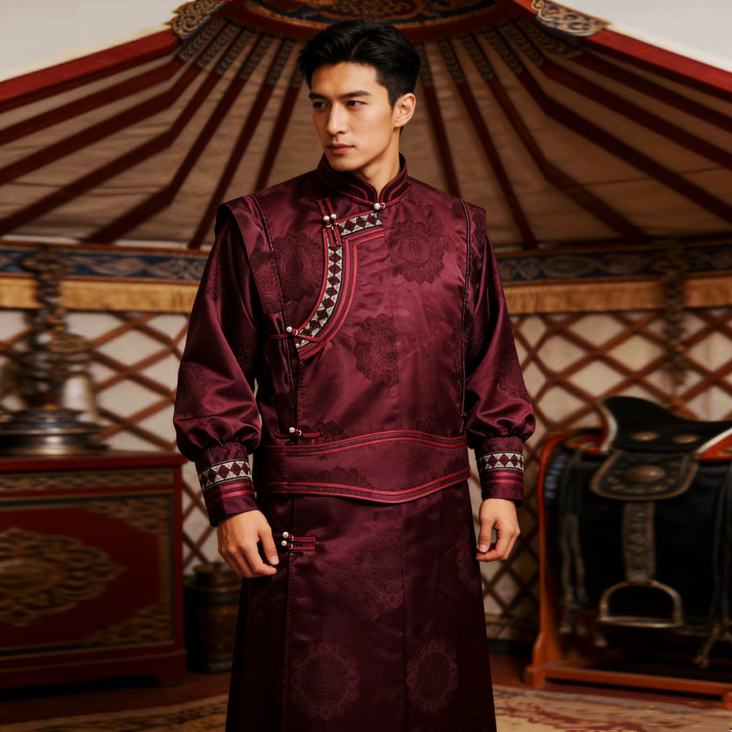 蒙古袍男装传统长袍演出服蒙古族服装日常生活装蒙古男装拍照表演