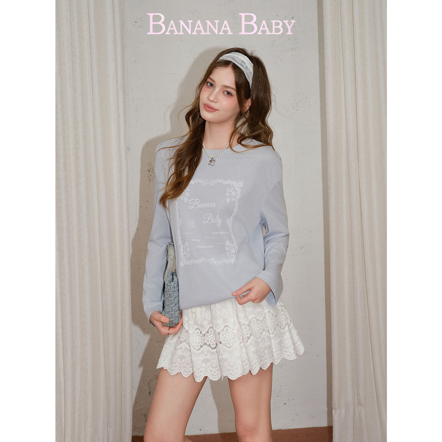 BANANA BABY2026年夏新款慵懒风baby蓝字母印花长袖女休闲宽松T恤