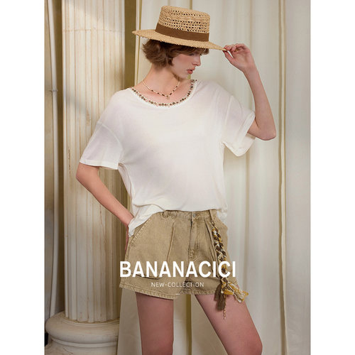 BANANA CICI2026年秋季新款波西米亚风手工圆领花边宽松T恤女短袖