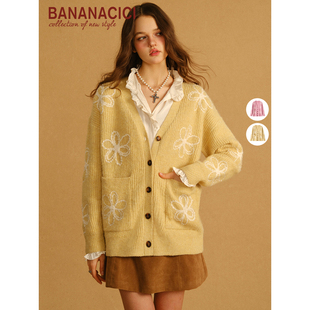 V领针织开衫 BANANA 圈圈纱绣花长袖 新款 女毛衣外套 CICI2026年春季