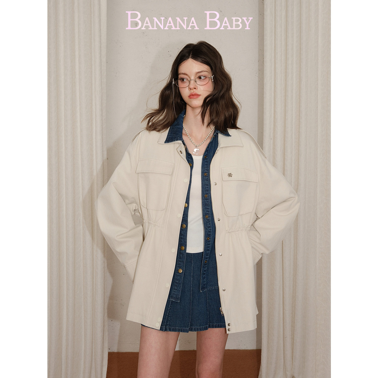 BANANA BABY2026年春新款高智巴恩风抽绳收腰显瘦风衣女工装外套