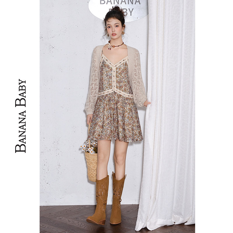 BANANA BABY2025年秋新款法式慵懒风镂空针织开衫女短外套空调衫