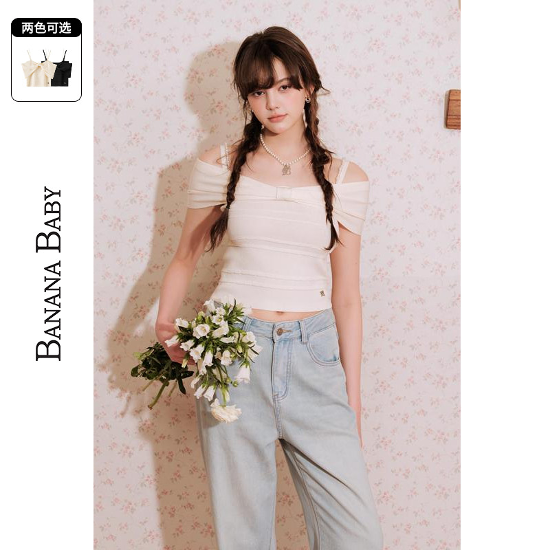 BANANA BABY2025年夏季新款千金风蝴蝶结一字领针织衫女珍珠吊带