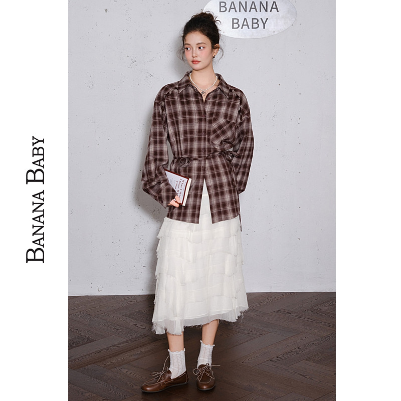 【明星同款】BANANA BABY2025年秋季新款美式复古格纹衬衫女系带