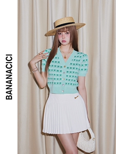 CICI清仓特卖夏季新款爱心蝴蝶结提花泡泡袖V领短袖女薄针织开衫