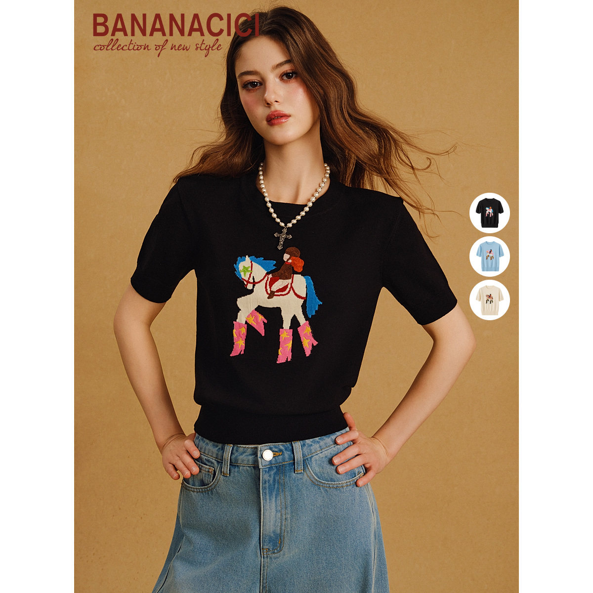 BANANA CICI2026秋新款可爱多巴胺小马插画刺绣提花针织衫女短袖