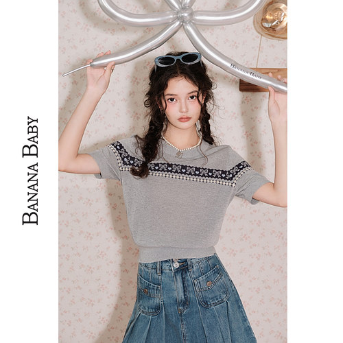 BANANA BABY2025年夏季新款费尔岛针织衫女美式复古显瘦短袖上衣