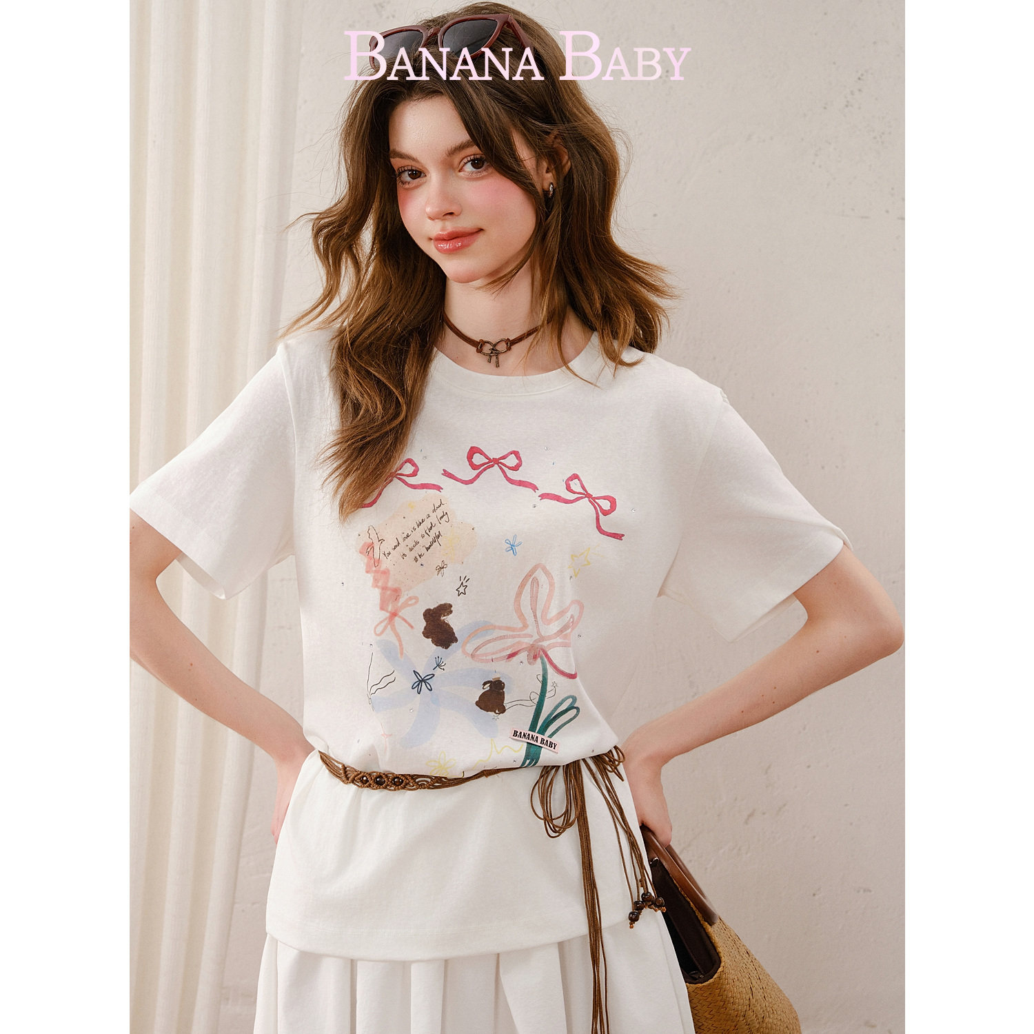 BANANA BABY2026年夏季新款彩色蝴蝶结印花短袖T恤女圆领宽松T恤