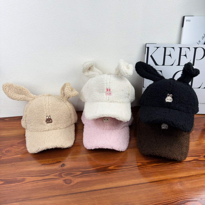 可爱长兔耳朵羊羔绒棒球帽子女冬