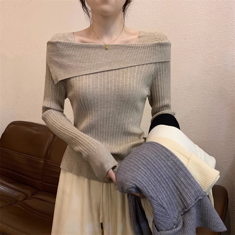 一字肩修身针织衫打底衫上衣女