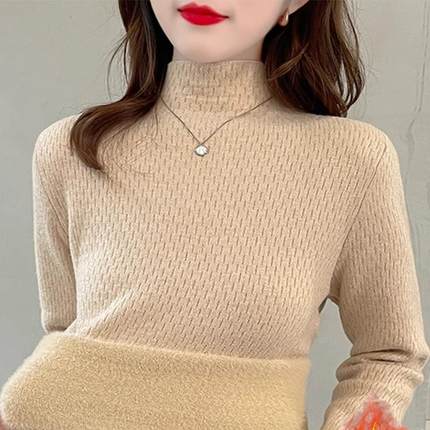 加绒毛衣女一体绒秋冬加厚内搭大码修身半高领打底针织衫保暖上衣