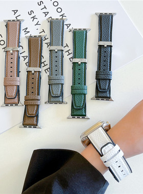 小众纯色荔枝纹硅胶贴皮表带适用于s9苹果手表带iwatch7865se男女