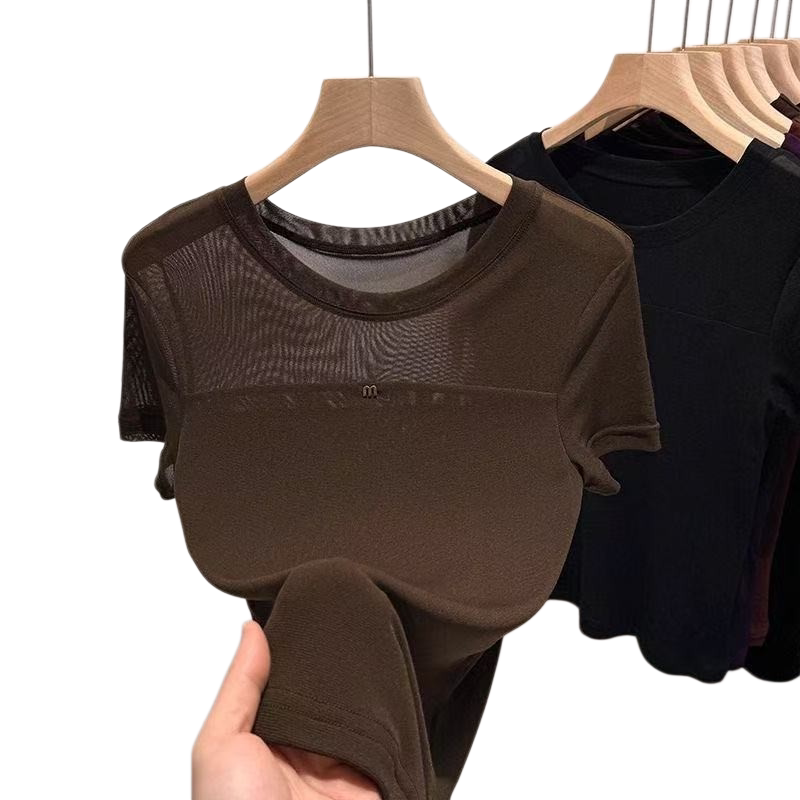 夏季网纱短袖T恤女微透修身显瘦气质上衣黑色新款圆领低领打底衫