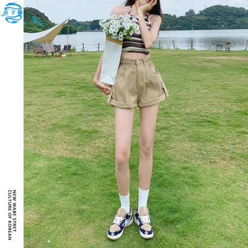 辣妹穿搭卡其色牛仔短裤女夏季