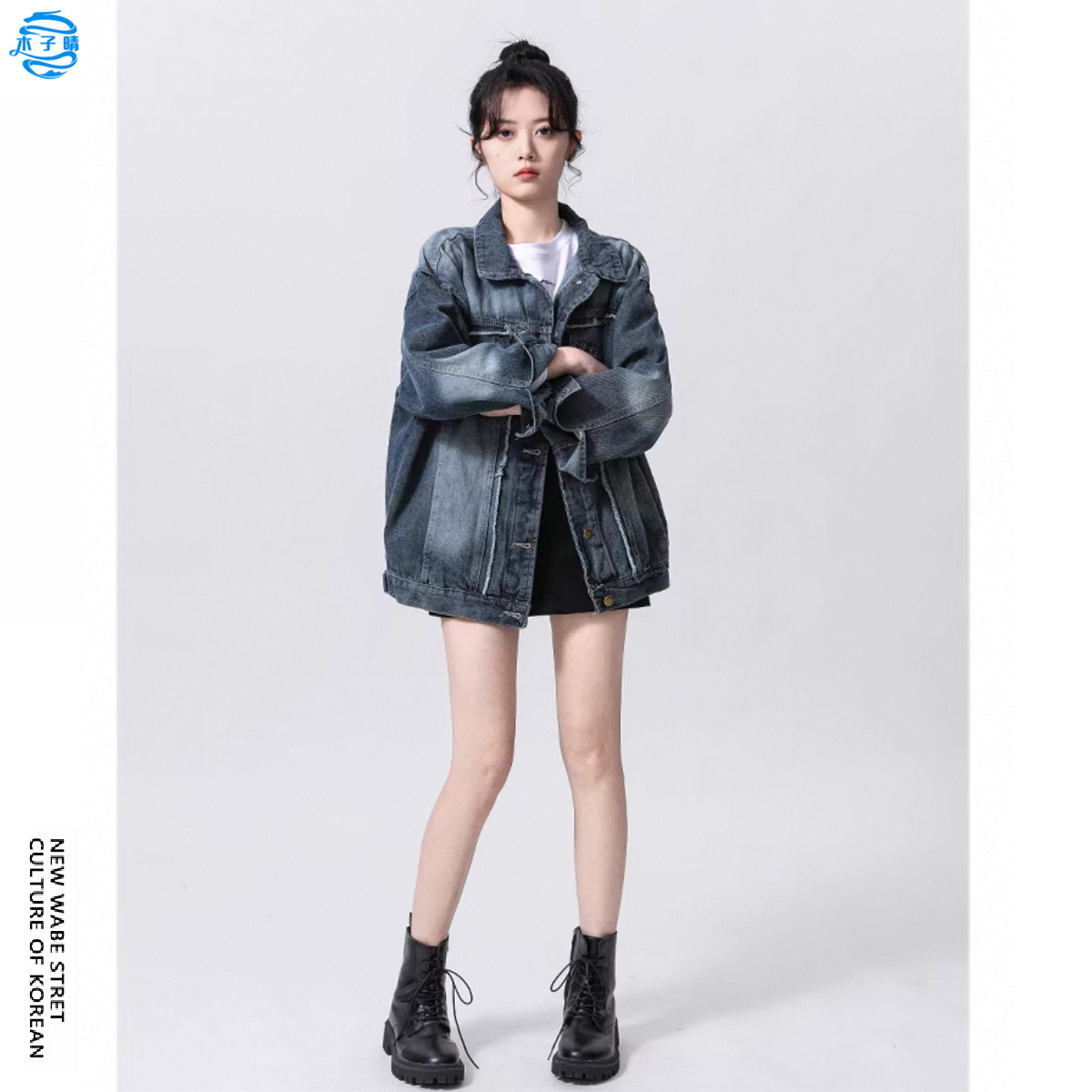 美式复古深蓝色牛仔外套女