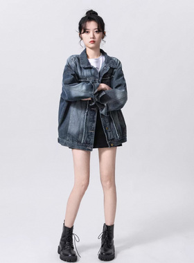 美式复古深蓝色街头做旧牛仔外套女2025新款秋季宽松百搭夹克上衣