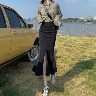 黑色牛仔鱼尾裙半身裙女早秋a字高腰小个子梨形身材显瘦包臀长裙